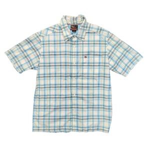 Quiksilver Mens Small Blue White Plaid Short Sleeve Button Down Surf Shirt